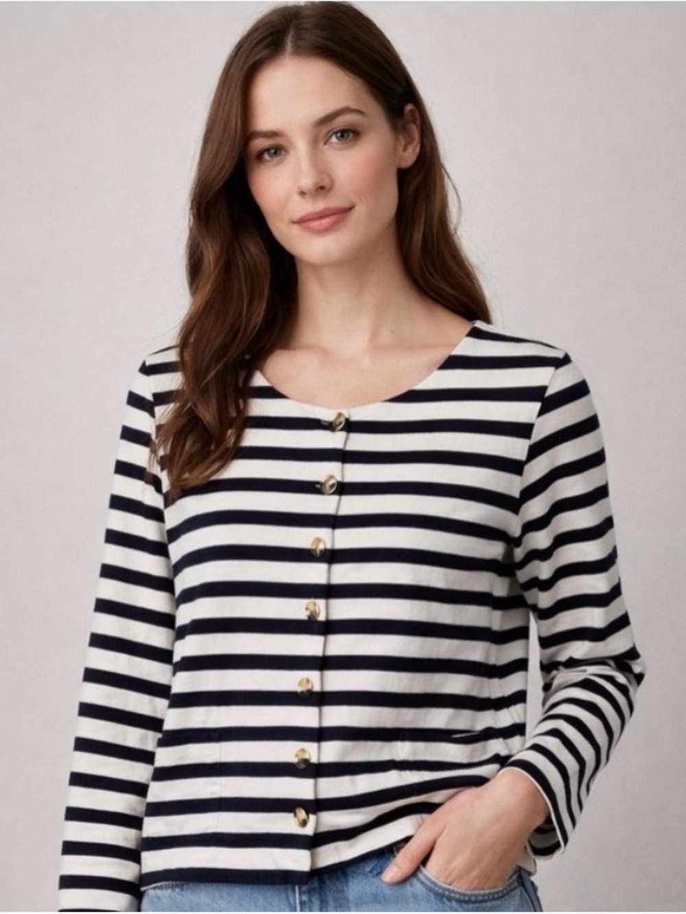 Talbots Navy and White Nautical Striped Button-Front Top with gold buttons